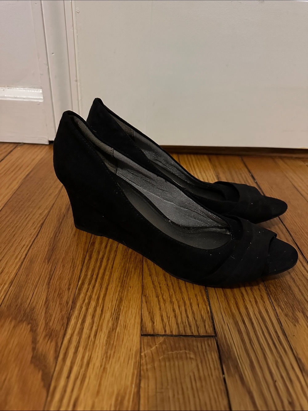 Life Stride Black Suede Peep-Toe Wedge Heels